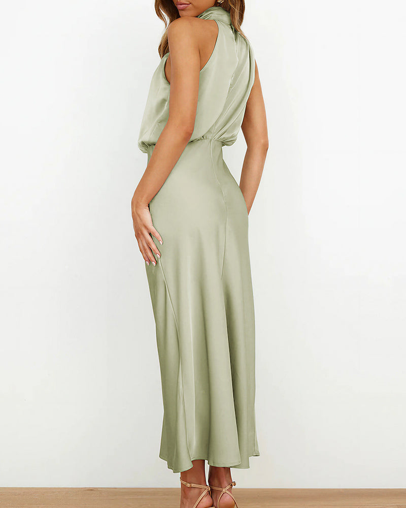Vyla™ Elegant High-Neck Draped Satin Midi Dress