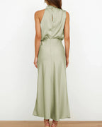 Vyla™ Elegant High-Neck Draped Satin Midi Dress