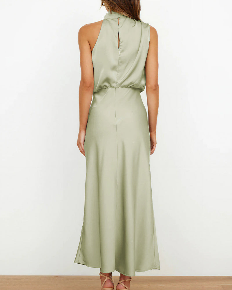 Vyla™ Elegant High-Neck Draped Satin Midi Dress