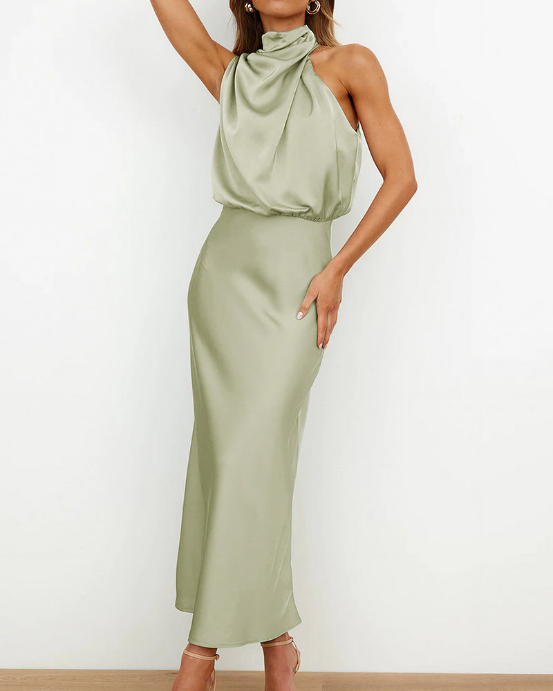 Vyla™ Elegant High-Neck Draped Satin Midi Dress