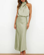 Vyla™ Elegant High-Neck Draped Satin Midi Dress