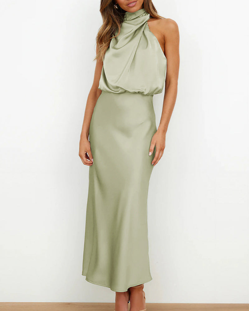 Vyla™ Elegant High-Neck Draped Satin Midi Dress