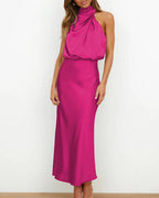 Vyla™ Elegant High-Neck Draped Satin Midi Dress