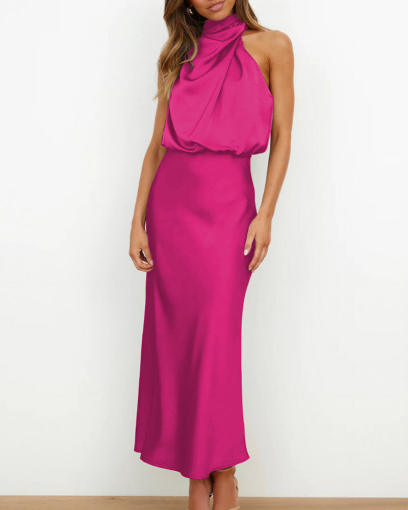 Vyla™ Elegant High-Neck Draped Satin Midi Dress