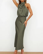 Vyla™ Elegant High-Neck Draped Satin Midi Dress