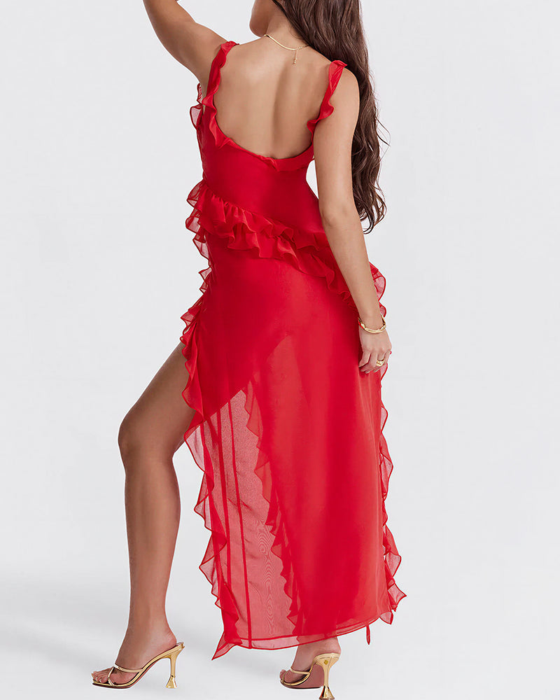 Vyla™ Cascading Ruffle High Slit Maxi Dress