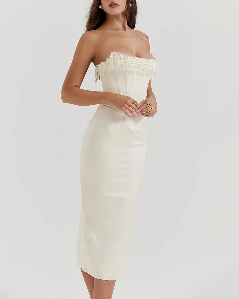 Vyla™ Pearl Embellished Corset Midi Dress