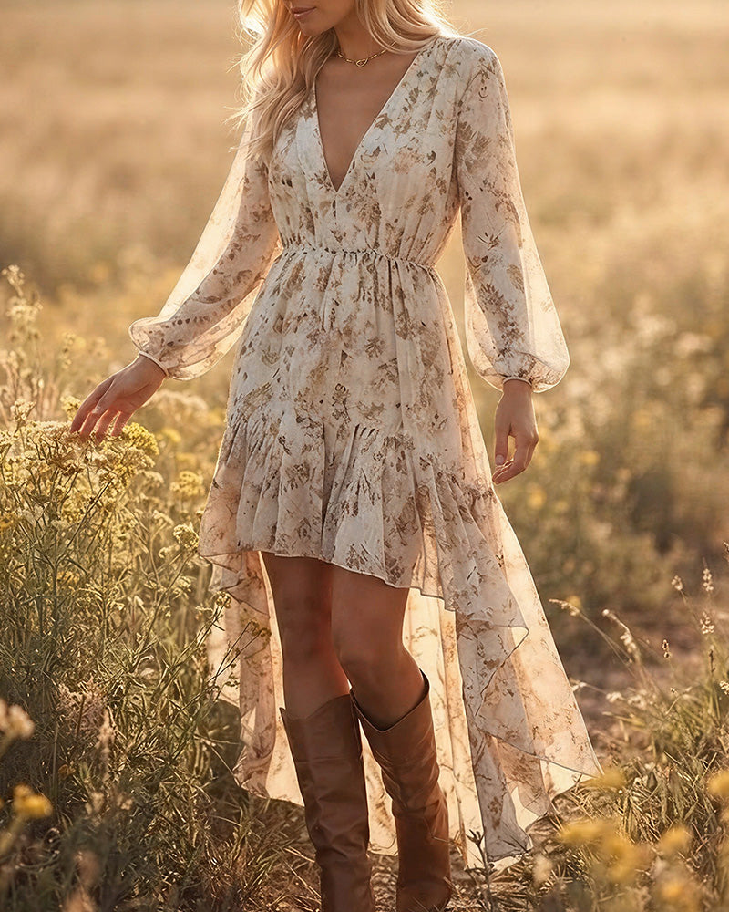 Aloveta™ Bohemian Floral V-Neck Asymmetrical Maxi Dress