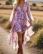 Vyla™ Bohemian Floral V-Neck Asymmetrical Maxi Dress