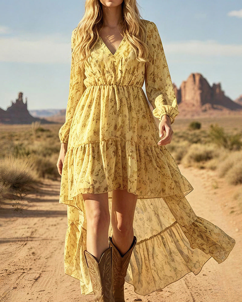 Aloveta™ Bohemian Floral V-Neck Asymmetrical Maxi Dress