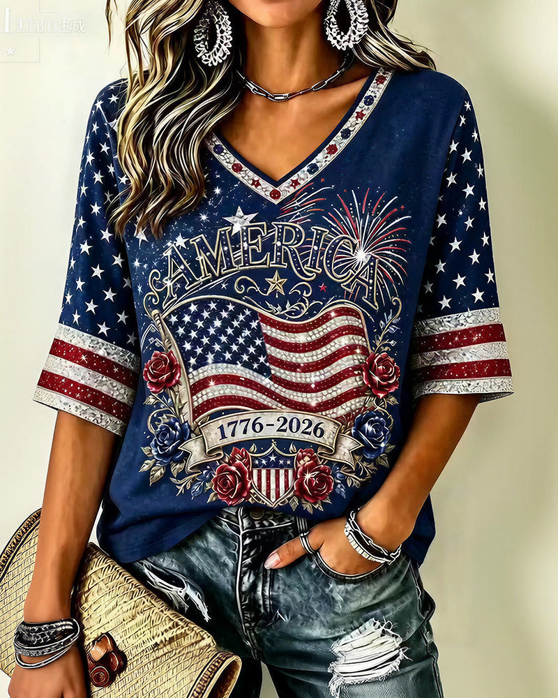 Vyla™ Vintage Americana Fireworks V-Neck Tee