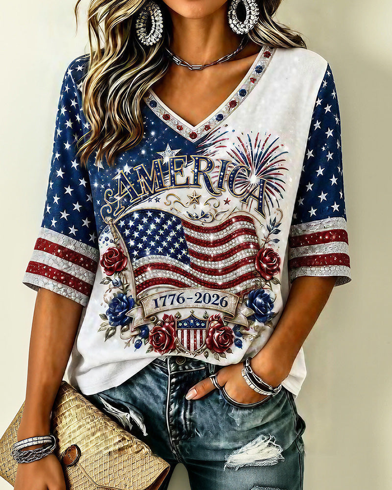Vyla™ Vintage Americana Fireworks V-Neck Tee