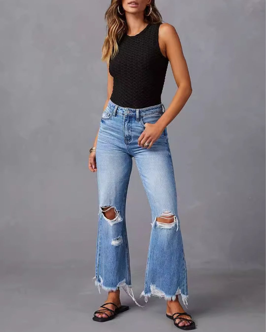 Vyla™ Distressed Mid-Rise Flared Jeans