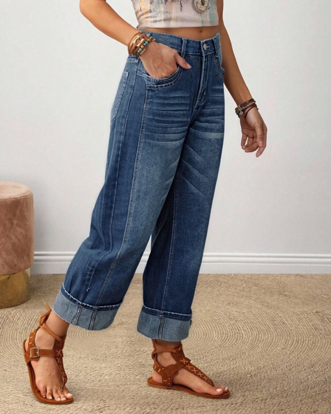 Vyla™ Wash Roll Raw Mid Rise Straight Crop Jeans