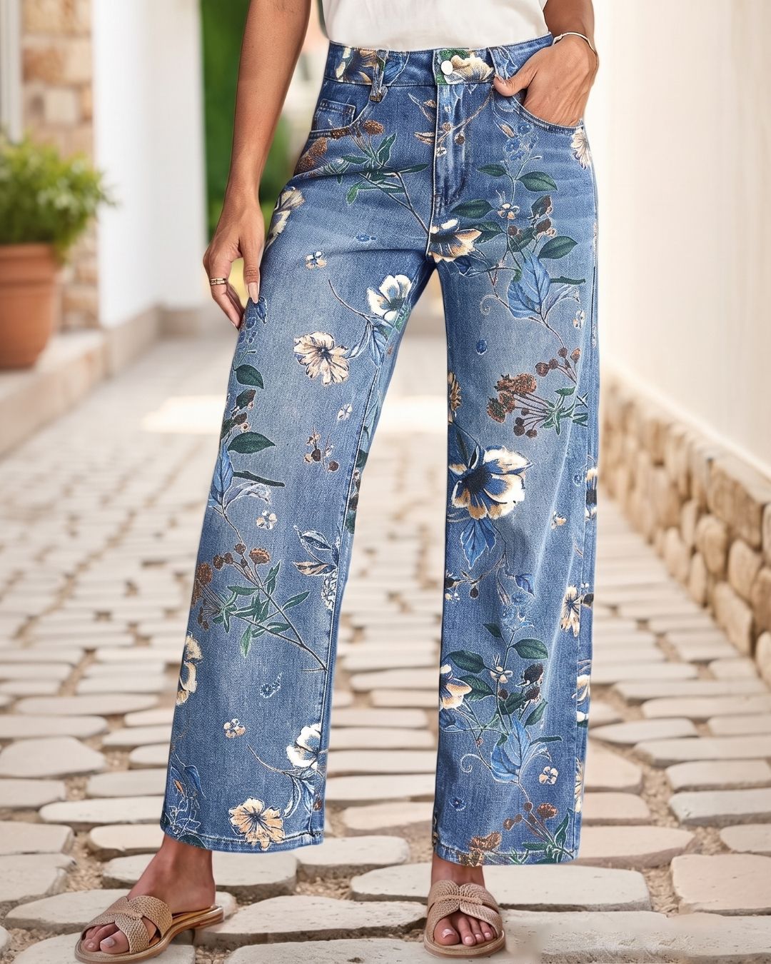 Vyla™ Floral Stitch Detail Mid Waist Straight Jeans