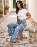 Vyla™ Floral Stitch Detail Mid Waist Straight Jeans