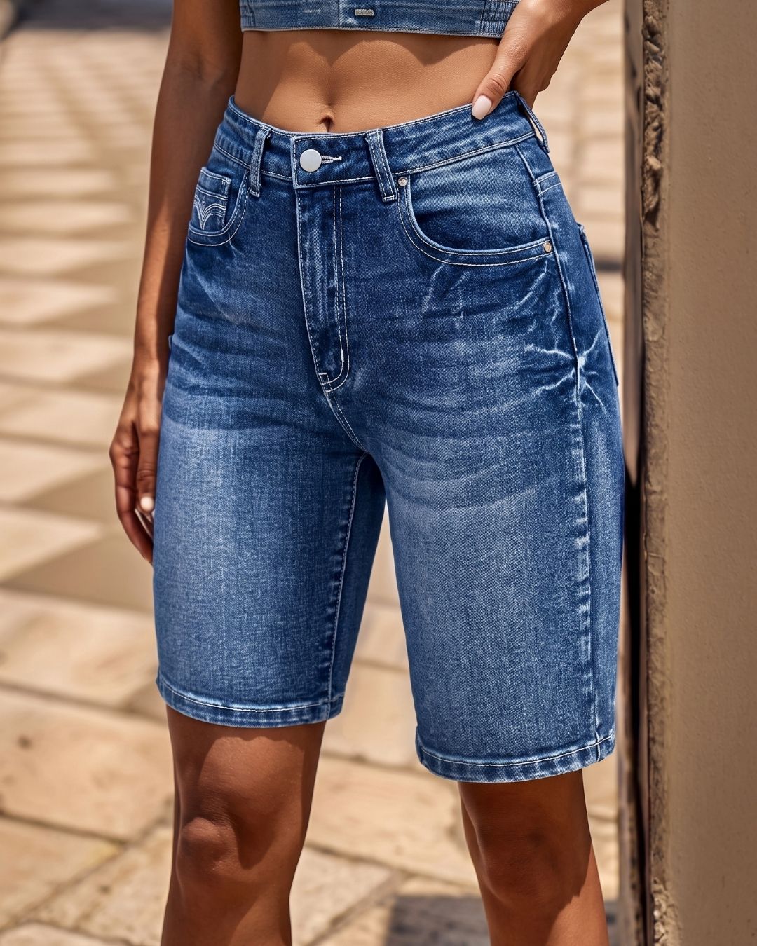 Vyla™ Wash Embroidery Mid Waist Denim Bermuda Shorts