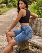 Vyla™ Wash Embroidery Mid Waist Denim Bermuda Shorts