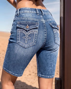 Vyla™ Wash Embroidery Mid Waist Denim Bermuda Shorts
