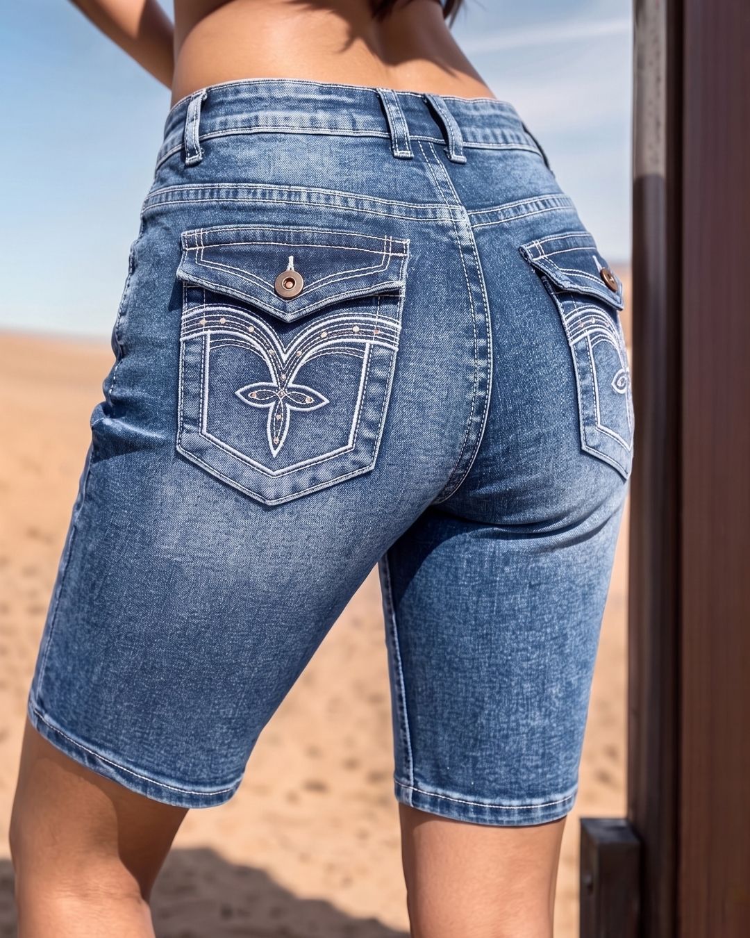 Vyla™ Wash Embroidery Mid Waist Denim Bermuda Shorts