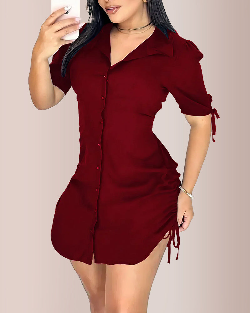 Vyla™ Ruched Side Button-Down Mini Shirt Dress