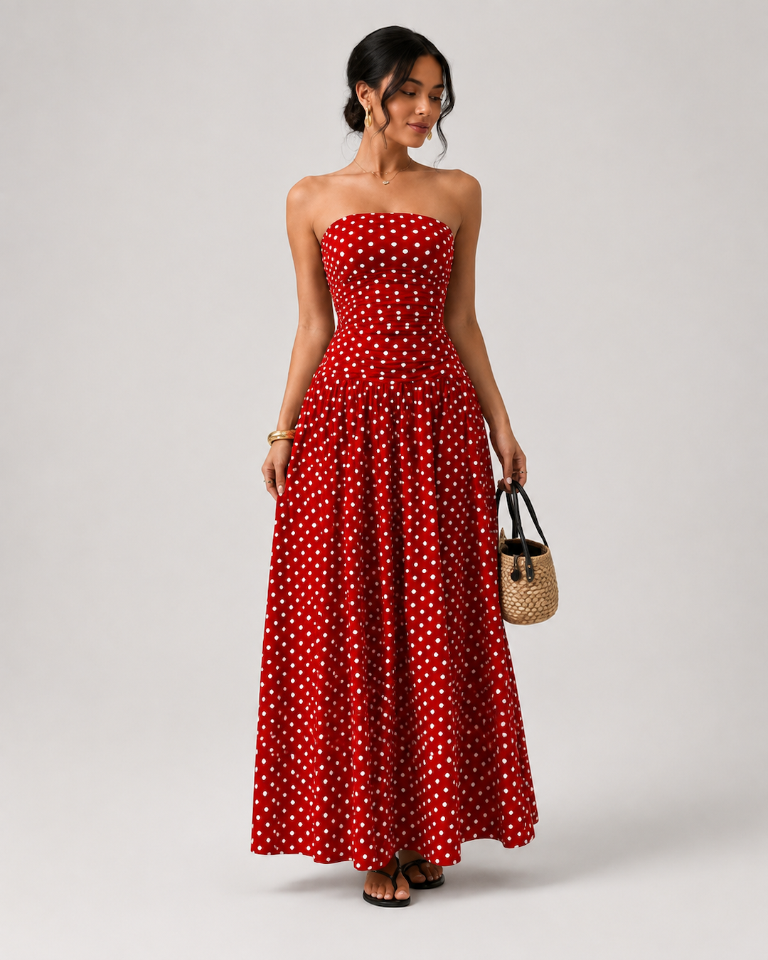 Vyla™ Vintage Polka Dot Strapless Ruffle Maxi Dress