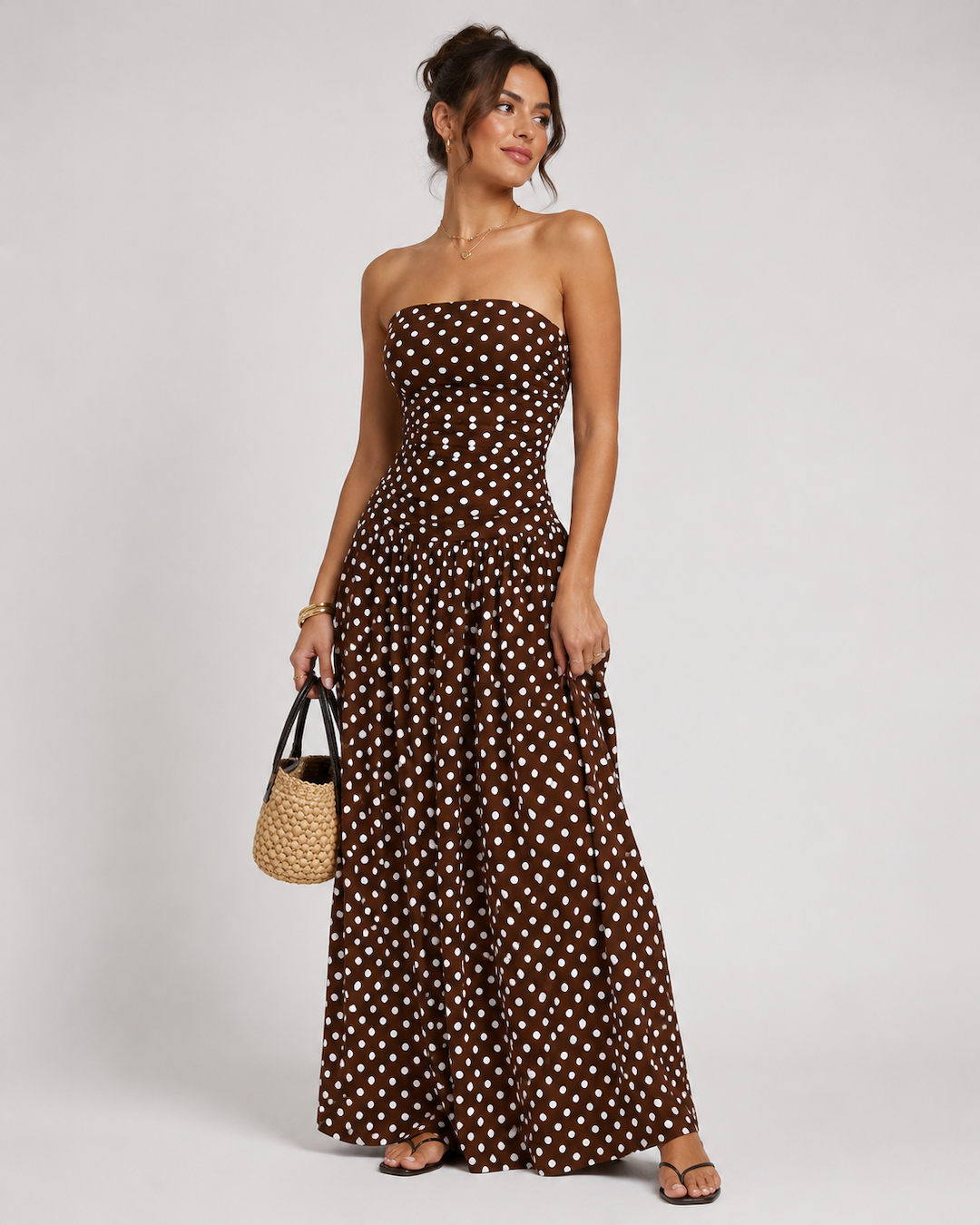 Vyla™ Vintage Polka Dot Strapless Ruffle Maxi Dress