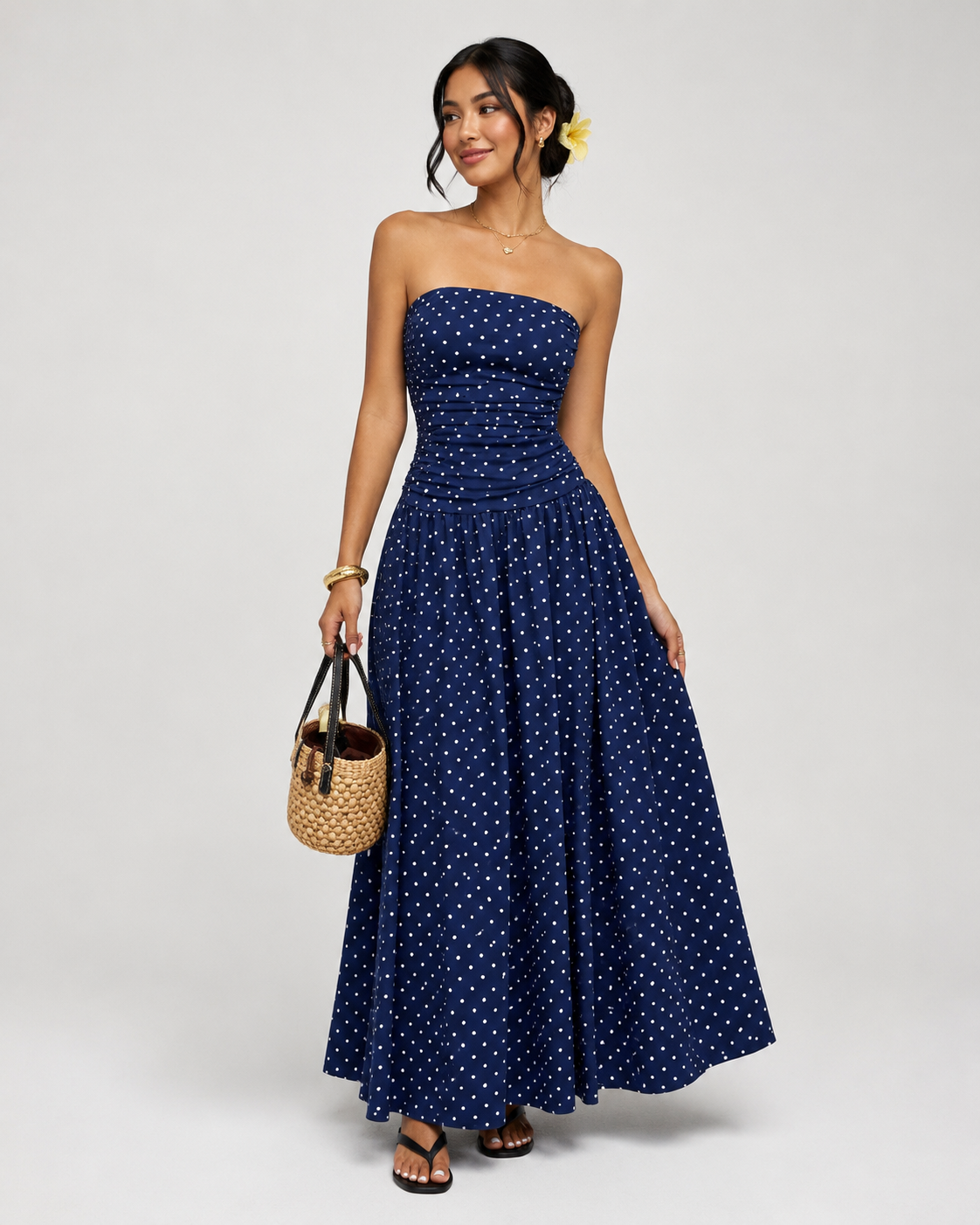 Vyla™ Vintage Polka Dot Strapless Ruffle Maxi Dress