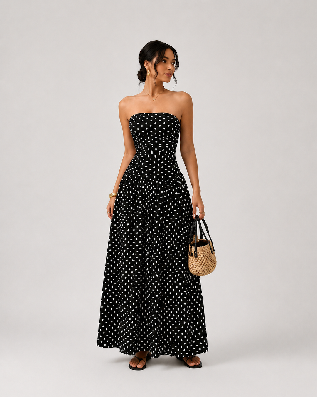 Vyla™ Vintage Polka Dot Strapless Ruffle Maxi Dress