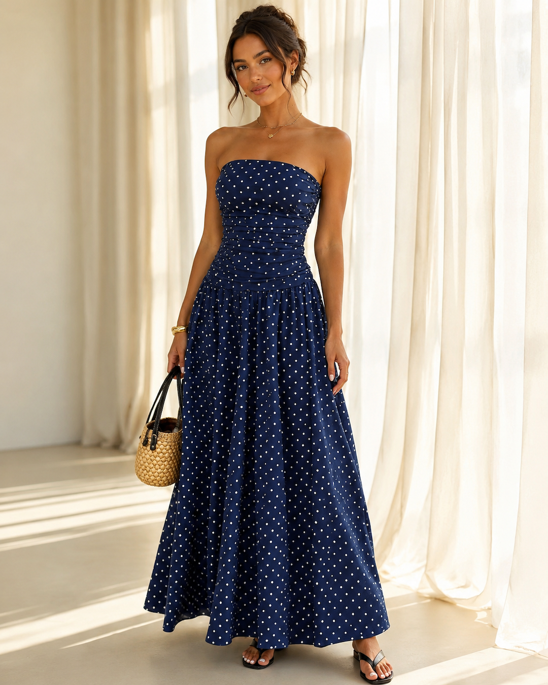 Vyla™ Vintage Polka Dot Strapless Ruffle Maxi Dress