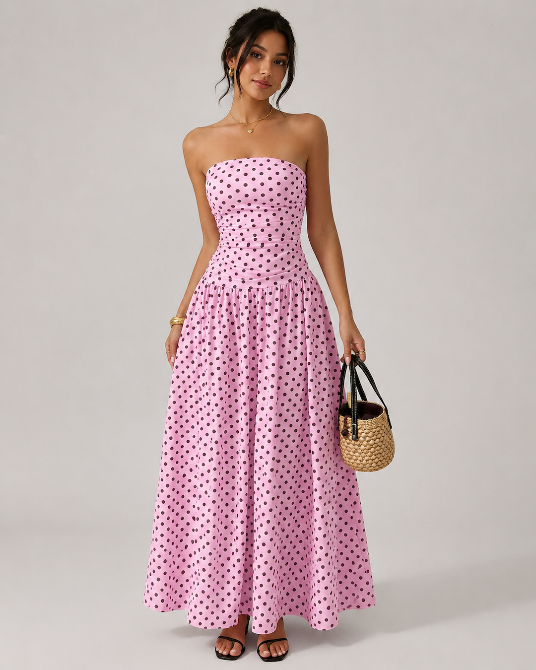 Vyla™ Vintage Polka Dot Strapless Ruffle Maxi Dress
