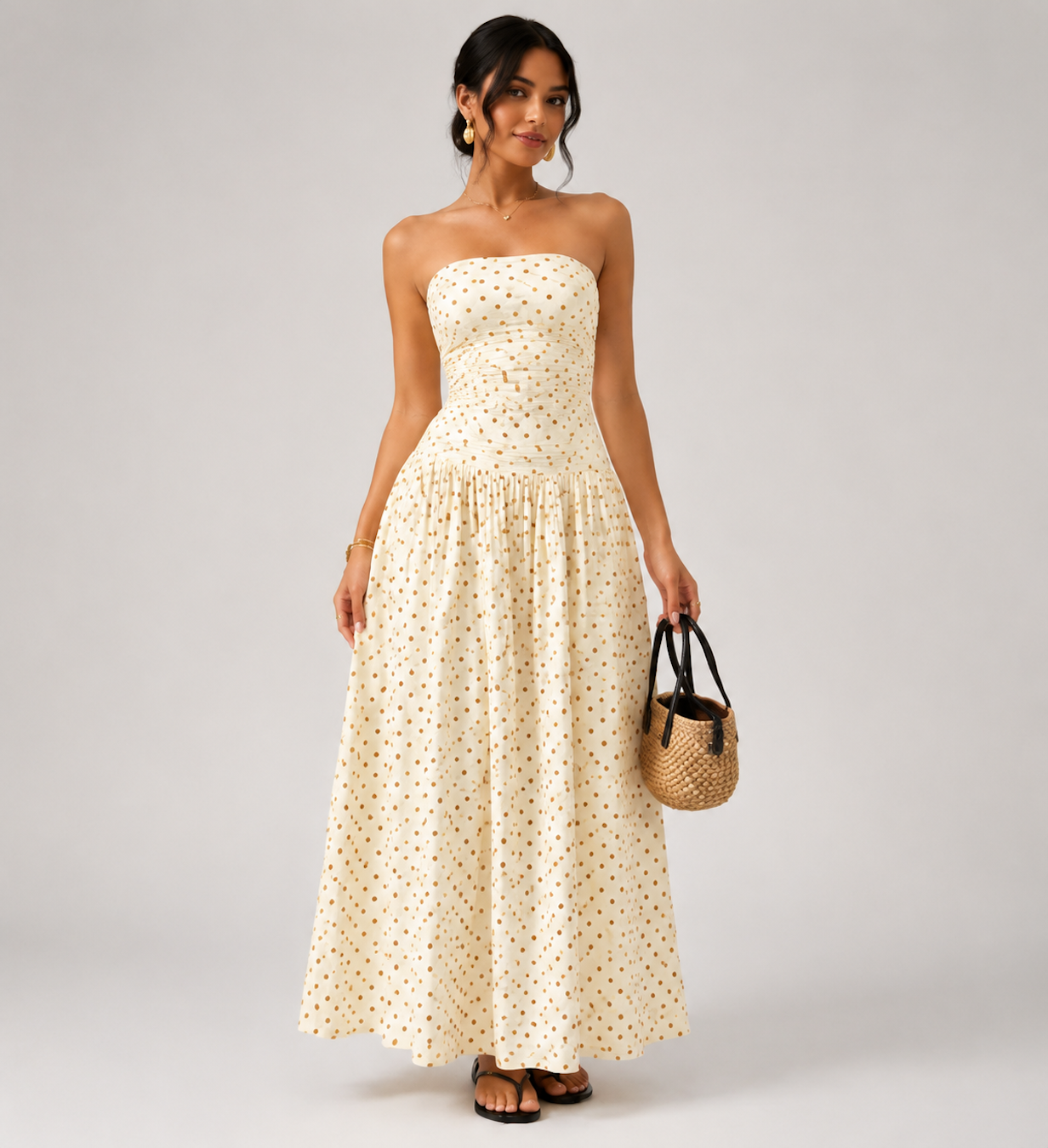 Vyla™ Vintage Polka Dot Strapless Ruffle Maxi Dress