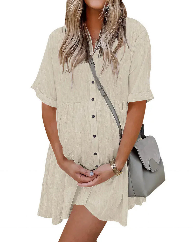 Vyla™ Effortless Button-Down Short Sleeve Shirt Dress With Pockets