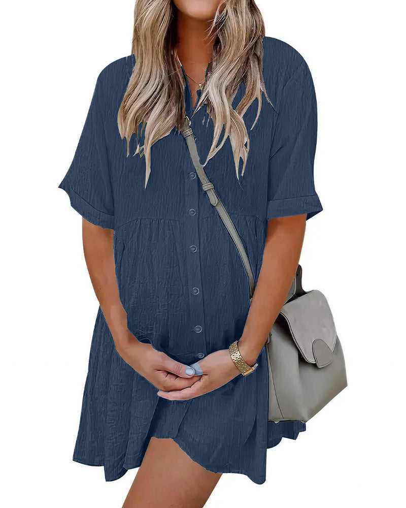 Vyla™ Effortless Button-Down Short Sleeve Shirt Dress With Pockets