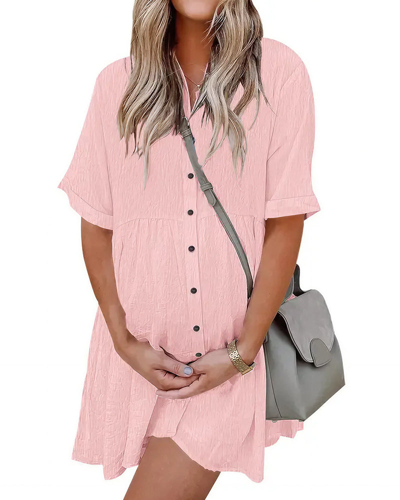 Vyla™ Effortless Button-Down Short Sleeve Shirt Dress With Pockets