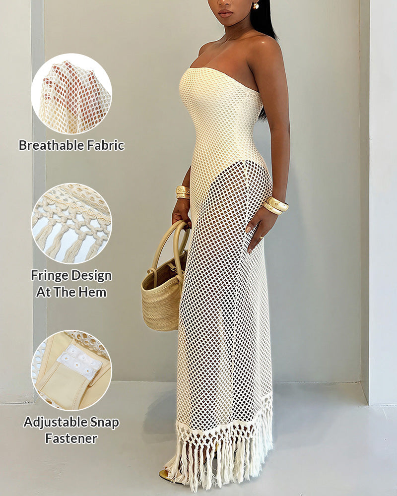 Vyla™ Strapless Crochet Hollow Out Fringe Maxi Dress Cover Up