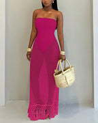 Vyla™ Strapless Crochet Hollow Out Fringe Maxi Dress Cover Up