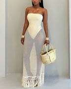 Vyla™ Strapless Crochet Hollow Out Fringe Maxi Dress Cover Up