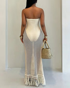 Vyla™ Strapless Crochet Hollow Out Fringe Maxi Dress Cover Up