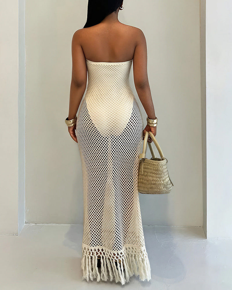 Vyla™ Strapless Crochet Hollow Out Fringe Maxi Dress Cover Up