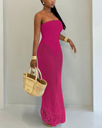 Vyla™ Strapless Crochet Hollow Out Fringe Maxi Dress Cover Up