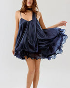 Vyla™ Sparkly Mesh V-Neck Slip Mini Dress with Layered Hem