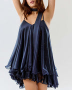 Vyla™ Sparkly Mesh V-Neck Slip Mini Dress with Layered Hem