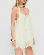Vyla™ Sparkly Mesh V-Neck Slip Mini Dress with Layered Hem