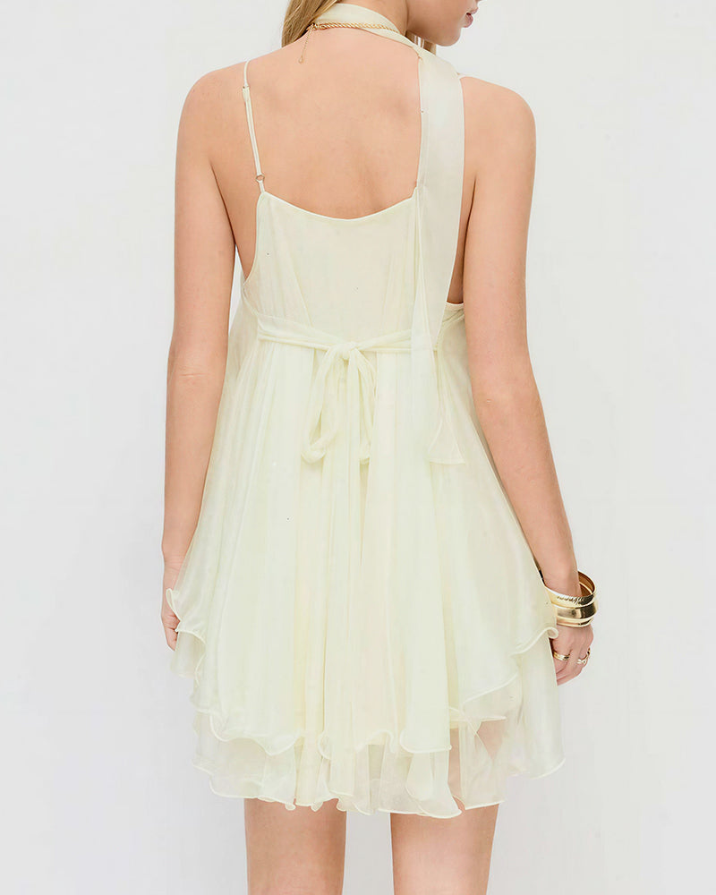 Vyla™ Sparkly Mesh V-Neck Slip Mini Dress with Layered Hem