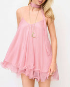 Vyla™ Sparkly Mesh V-Neck Slip Mini Dress with Layered Hem