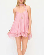 Vyla™ Sparkly Mesh V-Neck Slip Mini Dress with Layered Hem