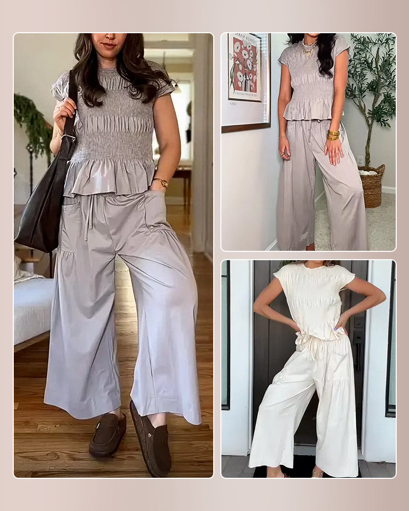 Vyla™ Smocked Peplum Top and Wide Leg Pants Two-Piece Set