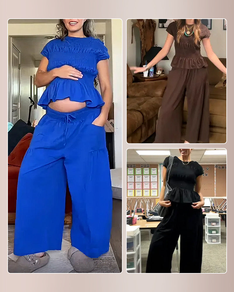 Vyla™ Smocked Peplum Top and Wide Leg Pants Two-Piece Set