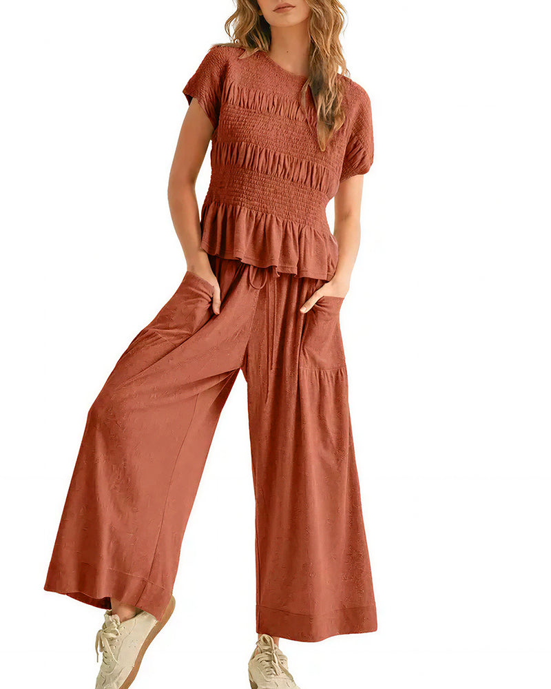 Vyla™ Smocked Peplum Top and Wide Leg Pants Two-Piece Set